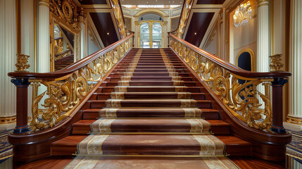 Wall Mural - Opulent luxury home foyer with rosewood carpeted stairs bordered by intricate gold detailing on the balustrades and a vintage velvet runner A grand gold-framed mirror enhances the majestic setting