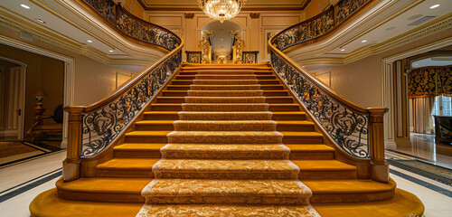 Wall Mural - Opulent mansion foyer with goldenrod carpeted stairs featuring a luxurious suede railing and a richly patterned runner The grand entry is lit by an elaborate ceiling fixture