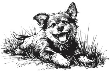 Wall Mural - A black and white drawing of a dog laying in the grass. Suitable for pet-related designs