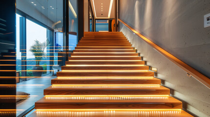 Wall Mural - Sleek and modern wooden staircase with glass side panels in a luxurious residence accentuated by LED strip lighting