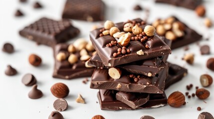Wall Mural - Celebrate World Chocolate Day with a delectable assortment of chocolate treats topped with delightful nuts against a pristine white backdrop