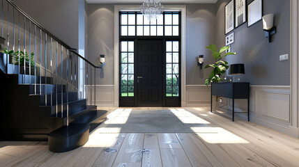 Wall Mural - Stylish entrance with a midnight black staircase expansive front door and light hardwood flooring stretching to a tall ceiling Chic luxurious atmosphere