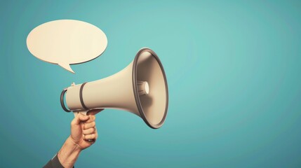 Poster - Image of a hand holding a megaphone with a speech bubble above it. Suitable for advertising and communication concepts