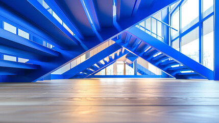 Wall Mural - Underneath view focusing on the underside of a royal blue staircase in a modern home capturing the intricate design and the light hardwood floors that lead up to the high ceiling Underside detailing