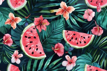 Sticker - A vibrant pattern featuring watermelon slices and colorful flowers. Perfect for summer-themed designs