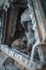 Wall Mural - A close-up of an Military tank M1 Abrams crew bundled in winter gear, their faces obscured by frost as they operate the tanks controls within the heated compartment