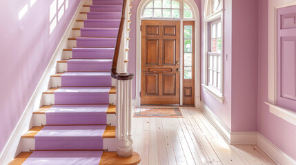 Wall Mural - Vintage style foyer with a lavender staircase a sturdy wooden door and a pale hardwood floor