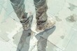 A person standing on a tiled floor with dirty shoes. Suitable for illustrating cleanliness or hygiene concepts