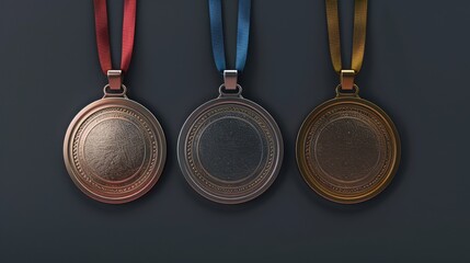 Wall Mural - Row of shiny medals with a blue ribbon, ideal for award ceremonies and achievements