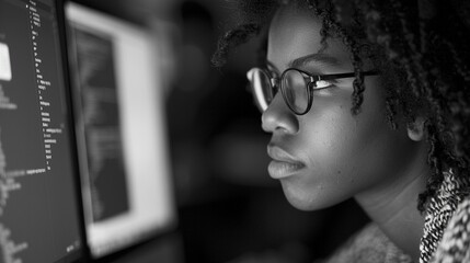 Young software developer debugging code on her computer