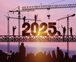 Silhouette staff works as a to prepare to welcome the new year 2025. Large construction site, many construction cranes set vector numbers 2025. Construction team sets numbers for New Year 2025