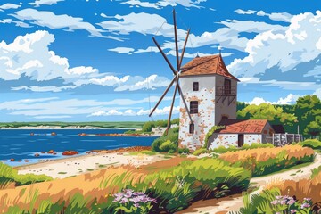 Poster - A serene painting of a windmill by the water. Suitable for various design projects