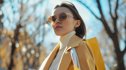 Canvas Print - A woman in a coat and sunglasses holding shopping bags. Suitable for retail and fashion concepts