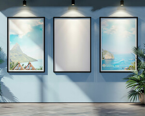 Boutique travel agency with three empty posters in elegant black frames spotlighted against a sky blue wall perfect for showcasing exotic travel packages or adventure tours