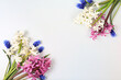 Beautiful spring flowers hyacinths and muscari on a light background, banner.Abstract floral composition, still life with space for text, floral holiday card, summer greeting concept, selective focus