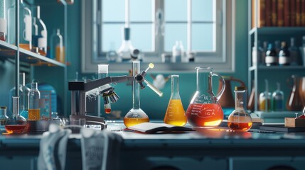 Wall Mural - A science lab with various bottles and a microscope. Suitable for educational and scientific projects