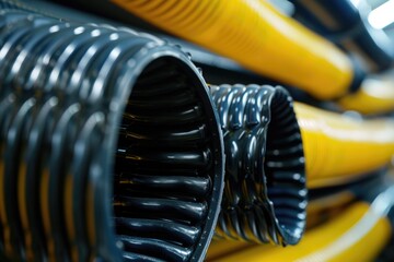 Wall Mural - Close up of yellow and black hoses, suitable for industrial use