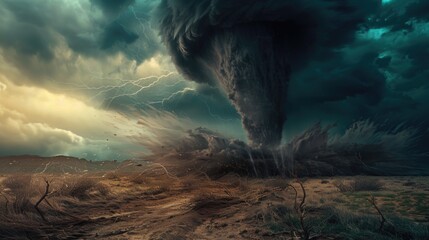 Wall Mural - a dramatic image of a large tornado emerging from a field. suitable for weather or natural disaster 