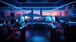 Futuristic computer lab office with bright blue lights