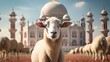 Sheep stand in front of a taj mahal and looking at camera