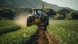 Worker driving tractor spraying green agriculture