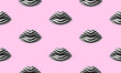 Seamless pattern of 3d lips painted in black and white stripes on pink background. Fashion illustration. Creative and trendy concept. 3d style print