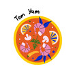 Tom Yum soup, top view. Thai food. Thai Tom Yam Goong sour and spicy soup with shrimp. Traditional Asian dish. Vector illustration.