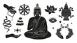 Symbols of Thai Theravada Buddhism. Black and white set. Set of Buddhism elements for decoration, print, poster, banner. Vector illustration on a white background.