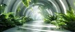 Ferns and lush greenery in a futuristic sci-fi architectural landscape, a futuristic plant installation, a futuristic cityscape, a futuristic natural background, green plants, plants growing on the fl