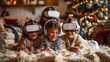 Family with children enjoying virtual reality glasses at home during festive celebrations