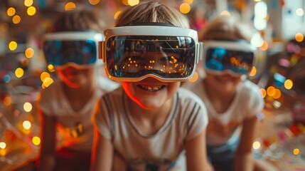 Family celebrates with virtual reality headsets at a festive party surrounded by colorful lights