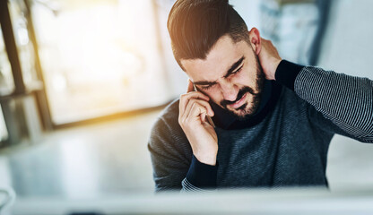 Aufkleber - Neck pain, business man and phone call with strain, stress and anxiety by a computer in office. Tech, conversation and employee with online, digital and internet project with work problem and glitch