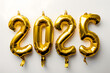 Celebrating the Year 2025 with Golden Balloons on a White Background