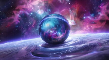 Crystal ball in space background filled with cosmic stars, planets, galaxies.