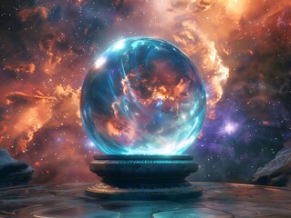 Crystal ball in space background filled with cosmic stars, planets, galaxies.