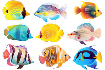 Wall Mural - set of fishes on white transparent background