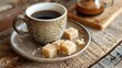 A cup of black coffee with brown sugar on ceramic plate on the wooden table morning with traditional coffee