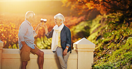 Poster - Senior couple, wine glasses and toast in outdoor for love, romance and relax in vineyard or nature. Elderly people, cheers and drink alcohol on vacation, holiday and calm celebration on anniversary