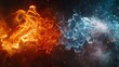 Ice and fire/flame, on a black background. Confrontation between ice and fire. Ice against fire. Contrast. Opposites. Heat versus cold.