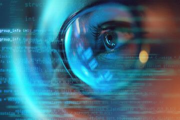 Eye close up on glasses reflect cyber security IT engineer futuristic code prompt background. Digital technology AI chatbot coding finance business data analytics programming