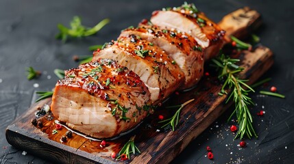 Wall Mural - BBQ roasted pork tenderloin fillet meat on wooden board with herbs black background