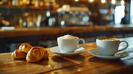 Close up view of two cups of coffee with pastries on a wooden table in a bar