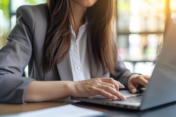 Business Meeting Minutes. Close-up of Asian Businesswoman Secretary Taking Minutes on Laptop at Executive Meeting