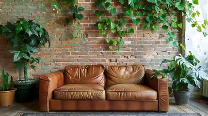 Wall Mural - Environmentally friendly living room with leather sofa green plants and brick wall