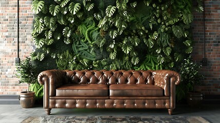 Wall Mural - Environmentally friendly living room with leather sofa green plants and brick wall