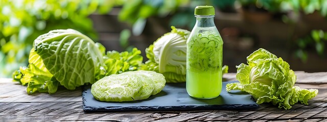 bottle of cabbage vegetable juice and slices on wooden background, time for vitamin detox diet, fresh summer wallpaper, healthy harvest banner mockup