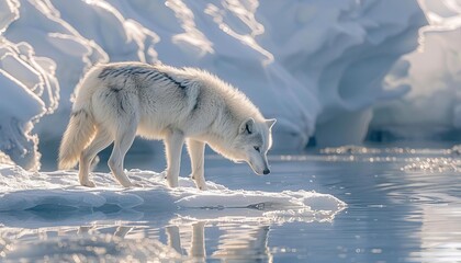 an arctic wolf tracking the scent of a seal along the edge of a frozen arctic coastline