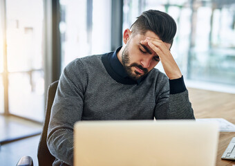 Aufkleber - Businessman, headache and stress with laptop in office for burnout, boring job and overworked by workspace. Professional, employee and migraine from work deadline with pain, fatigue and frustrated