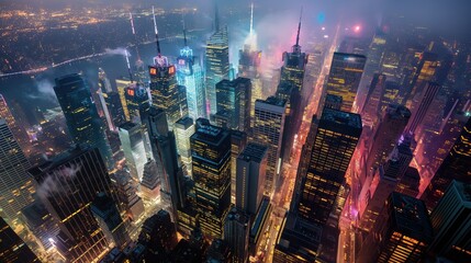 Wall Mural - A bustling cityscape at night with neon lights illuminating modern skyscrapers, viewed from above. 