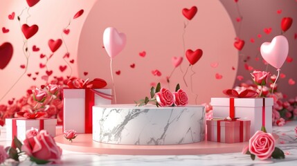 Wall Mural - A marble podium stands against a romantic Valentine s Day backdrop adorned with roses and gift boxes This scene is carefully crafted to symbolize a stage where love promotions sales present